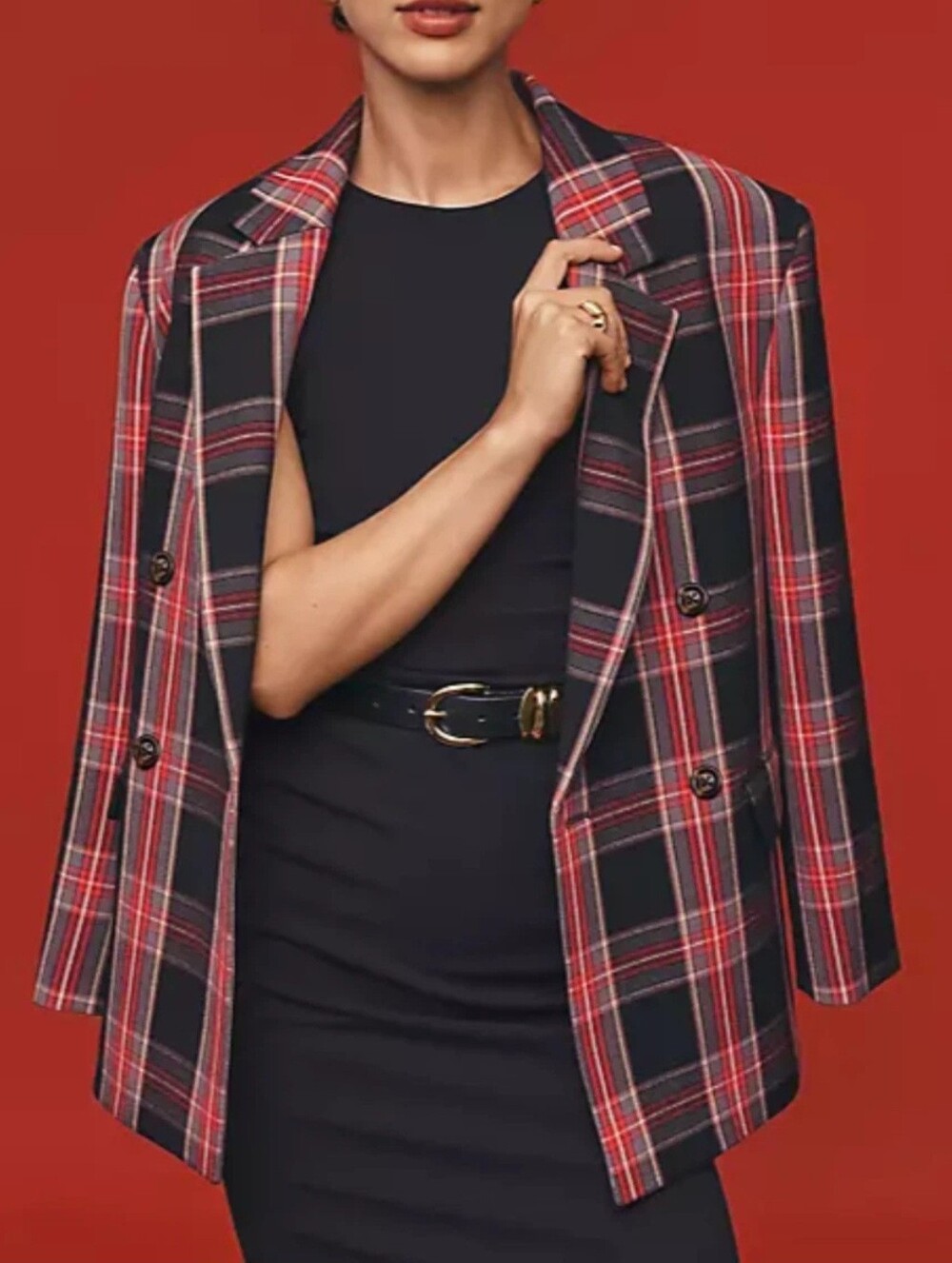 New Ann Taylor Red & Black Plaid Button Front Blazer Academia Fall